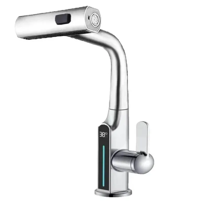 Wasserhahn mit digitaler Temperaturanzeige – anhebbarer Wasserfall-Waschbeckenhahn
