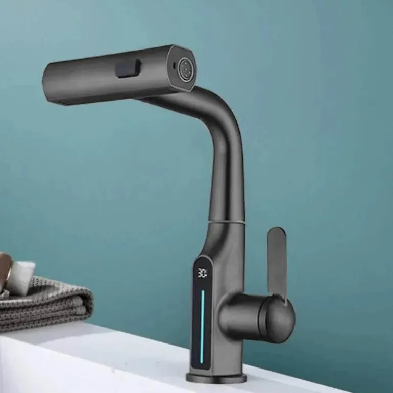 Wasserhahn mit digitaler Temperaturanzeige – anhebbarer Wasserfall-Waschbeckenhahn