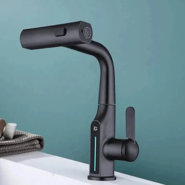 Wasserhahn mit digitaler Temperaturanzeige – anhebbarer Wasserfall-Waschbeckenhahn