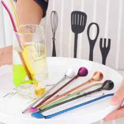 Wiederverwendbarer Löffelstrohhalm mit langem Griff – umweltfreundlicher Trinkhalm