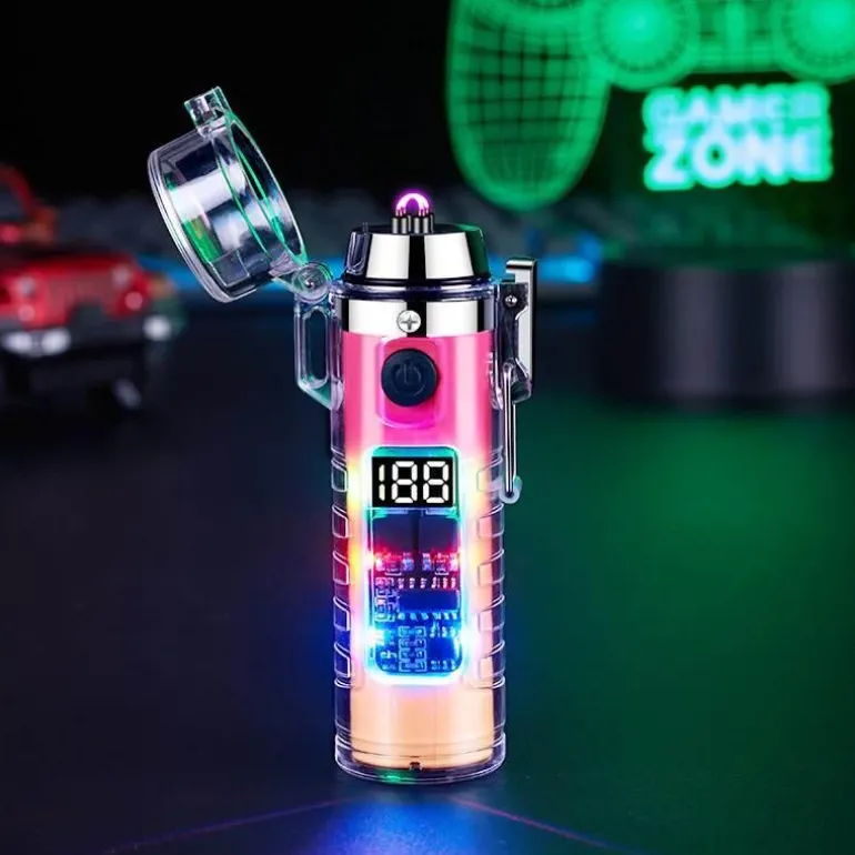 Windfestes Doppellichtbogenfeuerzeug mit Taschenlampe – Transparentes Design