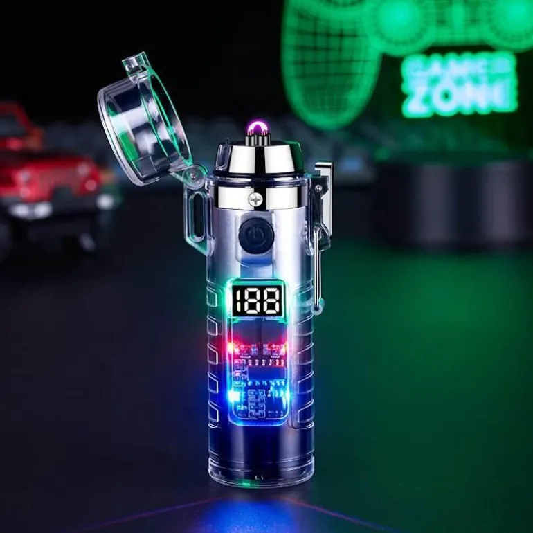 Windfestes Doppellichtbogenfeuerzeug mit Taschenlampe – Transparentes Design