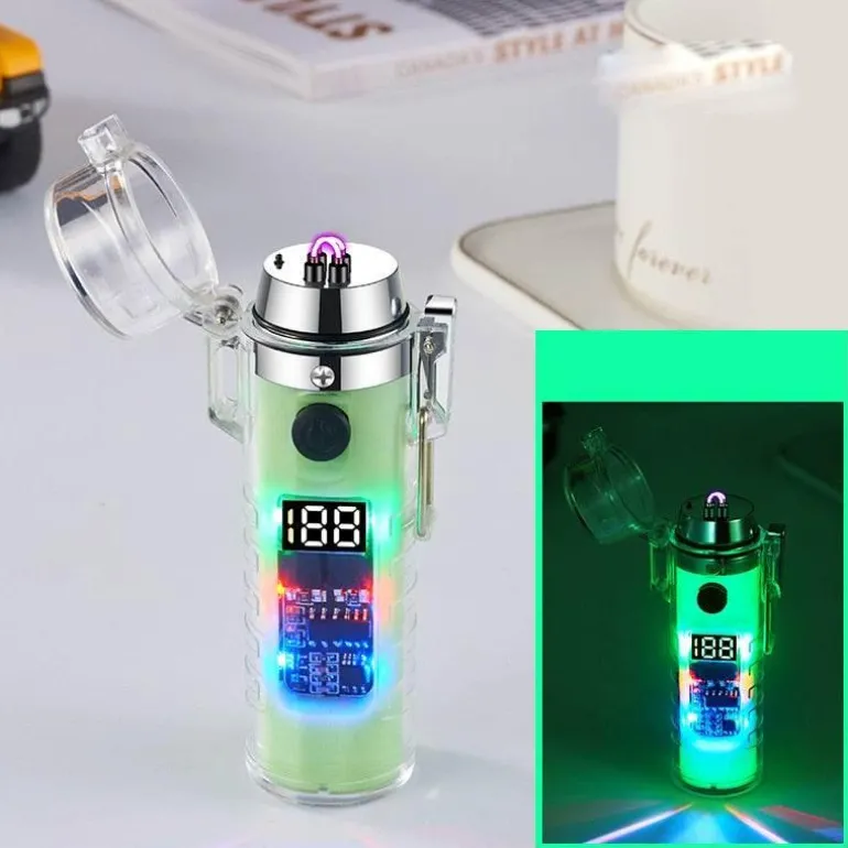 Windfestes Doppellichtbogenfeuerzeug mit Taschenlampe – Transparentes Design