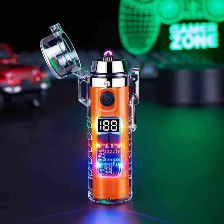 Windfestes Doppellichtbogenfeuerzeug mit Taschenlampe – Transparentes Design